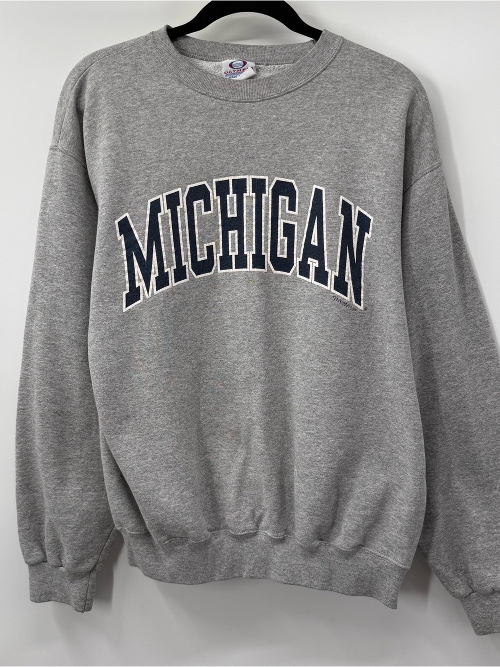 Olympus Gray Sweatshirt with Navy Michigan Arch Logo